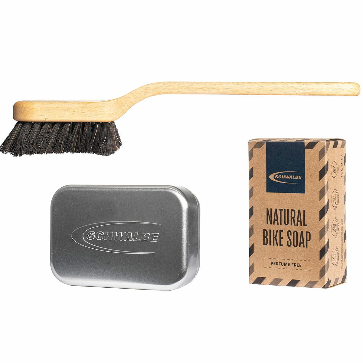 Schwalbe Natural Bike Soap Starter Set Savon, Boîte En Métal Et Brosse De Nettoyage 1 Schwalbe Natural Bike Soap Starter Set Savon, Boîte En Métal Et Brosse De Nettoyage